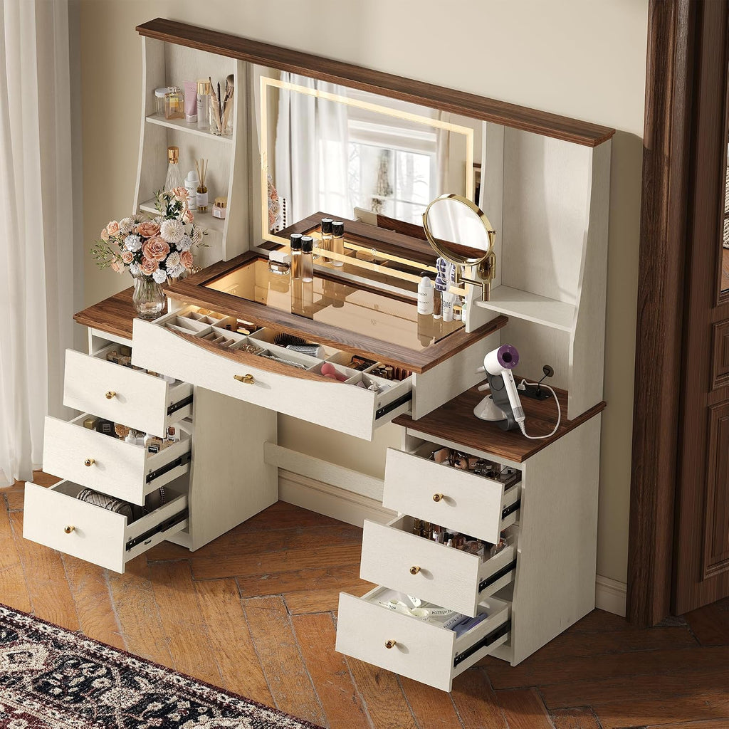 STO'SENSE Makeup Vanity Desk w/Mirror & Lights, 54" Large Vanity Table w/Glass Top, RGB Drawer, 𝐌𝐚𝐠𝐧𝐢𝐟𝐲𝐢𝐧𝐠 𝐌𝐢𝐫𝐫𝐨𝐫&Power Outlet,Make up Desk w/3 Shelves&7 Drawers,Dressing Table,White