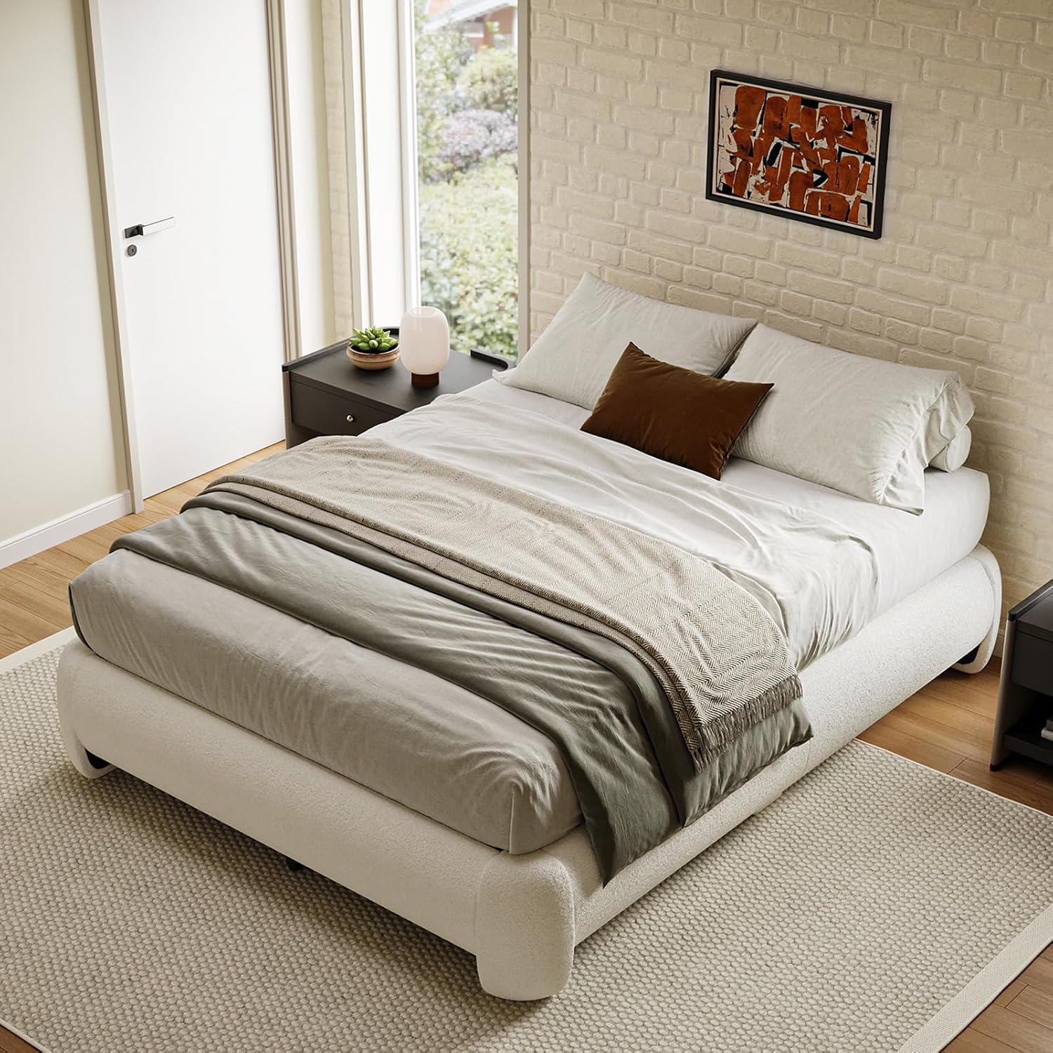 Cloud Full Size Platform Bed Frame, Soft Boucle Bed Frame with Round Corner, Upholstered Bedframe Full with Heavy Duty Wood Slat, No Box Spring Needed, Easy Assembly, White