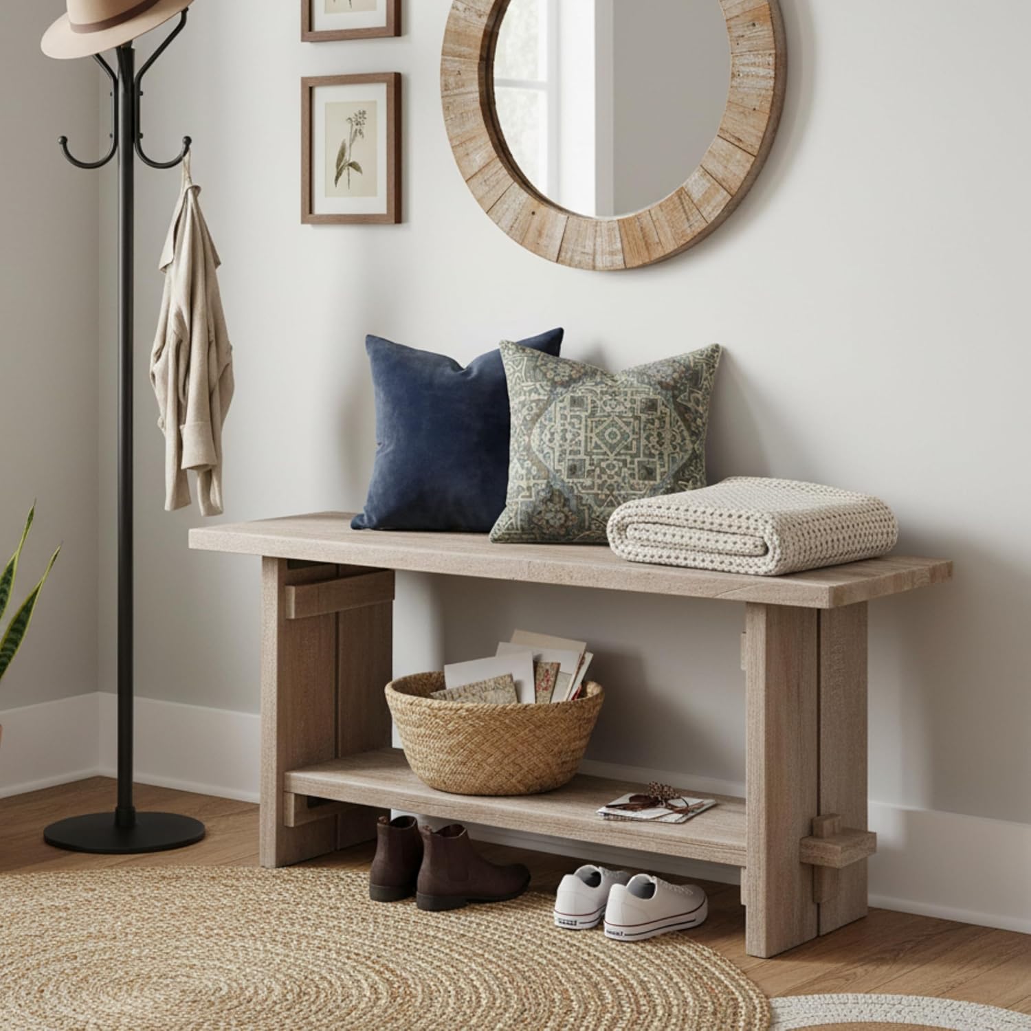 Alaterre Furniture Bethel Entryway Bench with Storage Shelf – Rustic Farmhouse 40-Inch Solid Acacia Wood Seat for Mudroom, Foyer or Hallway (Driftwood Finish)