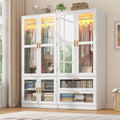 4 Doors Armoire Wardrobe Closet with LED and Mirror,71" H Freestanding Wooden Wardrobe Closet Cabinet for Bedroom w 2 Drawers,Wooden Clothing Storage Cabinet w Hanging Rod,Closets for Bedroom(White)