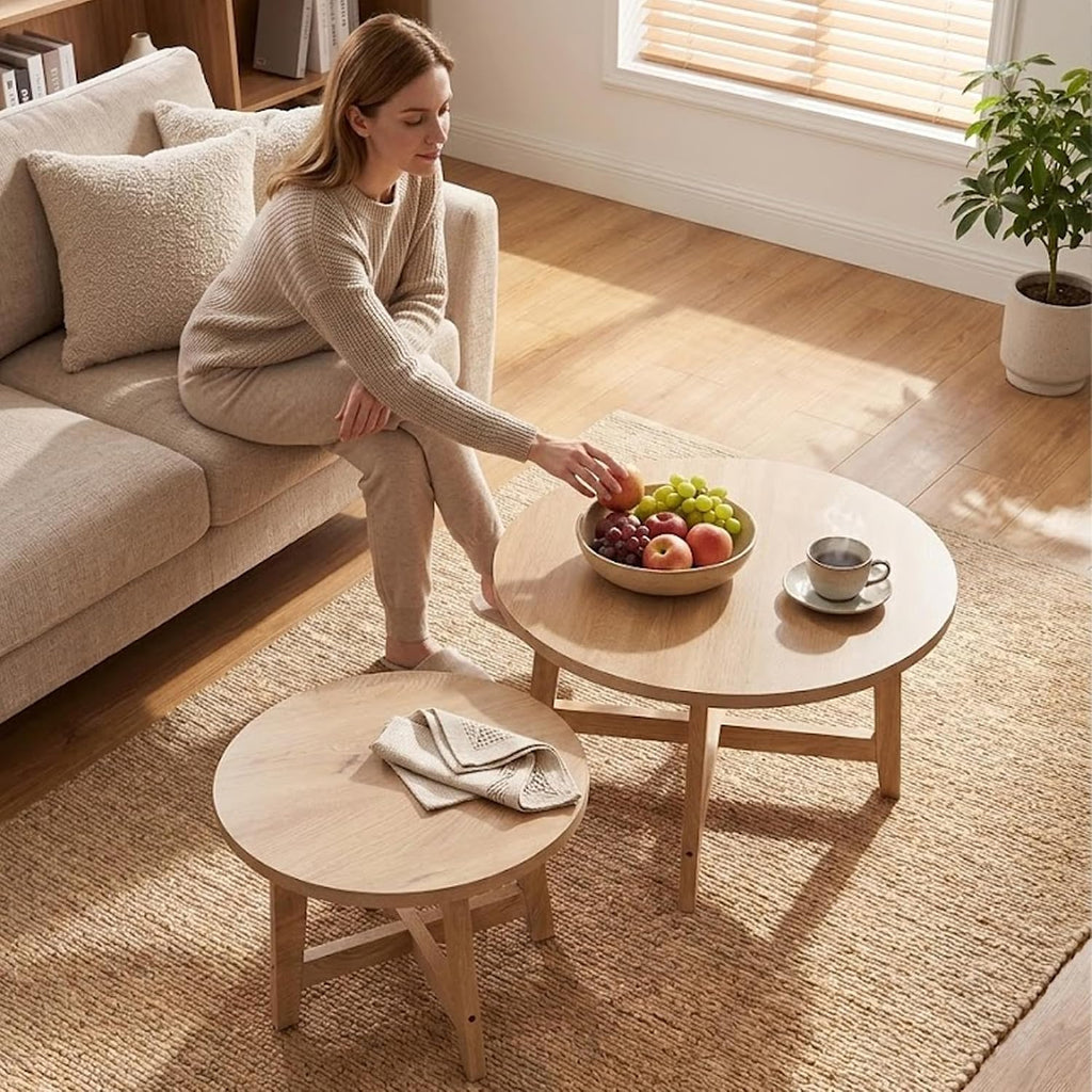 Round Nesting Coffee Tables, Set of 2, Natural Wood Finish Modern Side Tables with X-Shaped Frame, Stackable End Tables for Living Room, Bedroom
