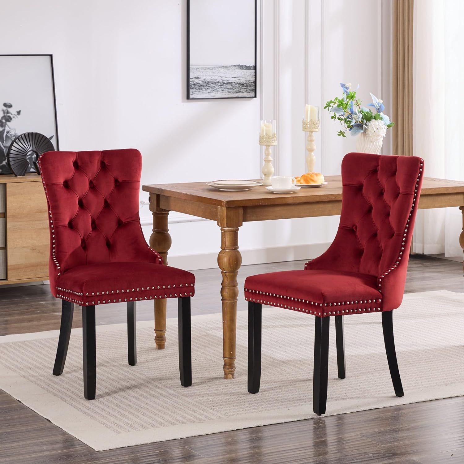 KEIKI Tufted Dining Room Chairs Set of 2, Velvet Kitchen Nailhead Trim Chairs with Solid Wood Legs and Padded Seat, Burgundy