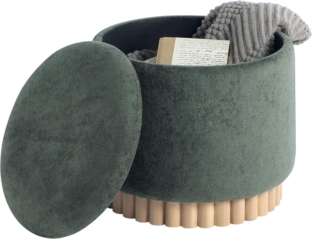 Get Set Style Round Ottoman with Wooden Base, Storage Vanity Stool for Makeup, Upholstered Footrest Stool Ottoman Foot Stool for Living Room, Bedroom