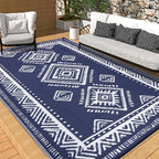 OMERAI Reversible Waterproof Outdoor Rug for Backyard,Plastic Textured Resistant Outdoors Rugs,Portable Washable Easy Cleaning Foldable Camping Beach Carpet for Patio Courtyard, 5'x8' Blue & White