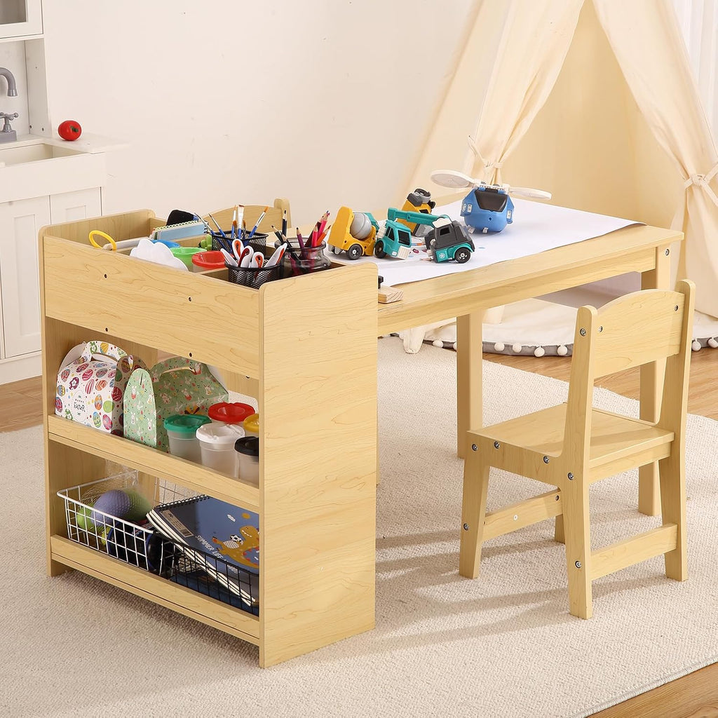 Kids Art Table with 2 Chairs, Toddler Craft Play Wood Activity Desk with 3-tier Storage Shelves for Writing Drawing, Children's Wooden Furniture Table and Chairs Set for Playrooms & Classroom