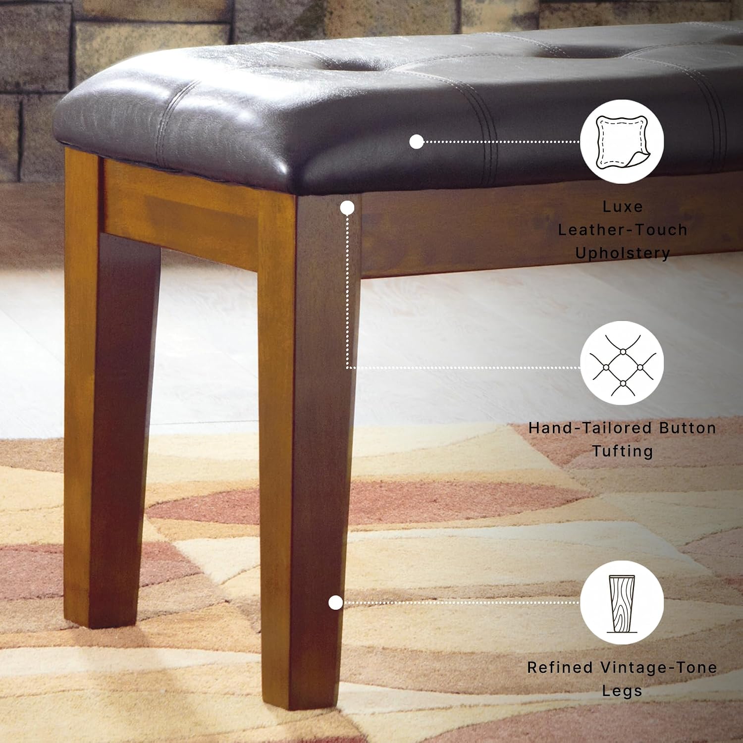 Signature Design by Ashley Ralene Tufted Upholstered Dining Room Bench, Medium Brown | Plush wipe-clean faux leather cushion, Frame of veneers, wood and engineered wood, Versatile 2-person entryway seating