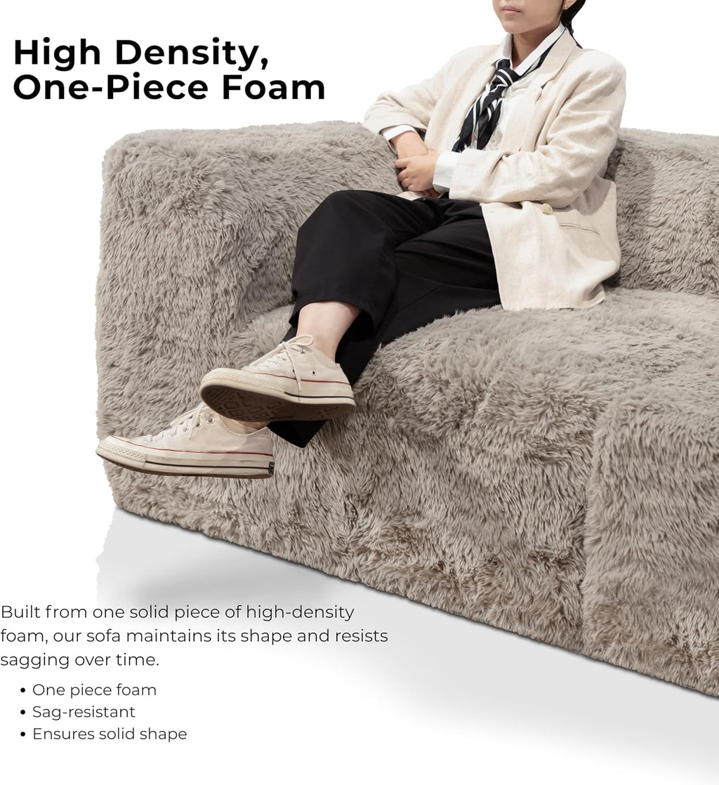 Furniture of America Havyn Modern Faux Fur 1-Seater Square Modular Foam Ottoman, Compressed Couch in a Box, No Assembly Required, for Living Room and Office, Sand