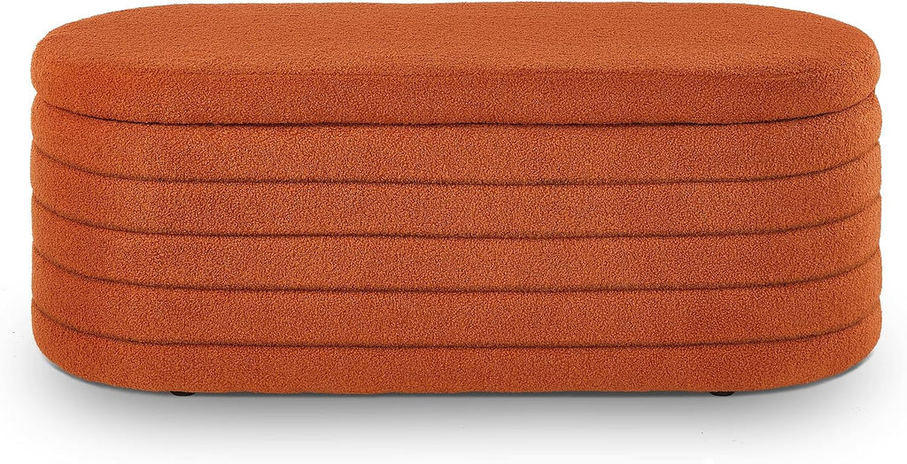 extrasleep Modern 43" Oval Storage Ottoman Bench with Safety Hinge, Upholstered Teddy Fabric End of Bed Bench with Hidden Storage, Comfy Foot Rest for Bedroom Living Room, Entryway Bench, Orange