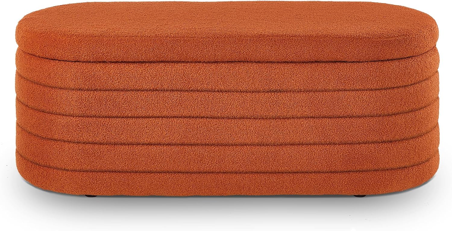 extrasleep Modern 43" Oval Storage Ottoman Bench with Safety Hinge, Upholstered Teddy Fabric End of Bed Bench with Hidden Storage, Comfy Foot Rest for Bedroom Living Room, Entryway Bench, Orange