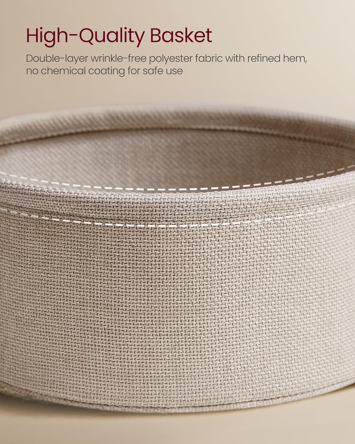 VASAGLE LILEA Collection - Small Round Side End Table, Modern Nightstand with Fabric Basket, Matte White and Camel Brown ULET223W10