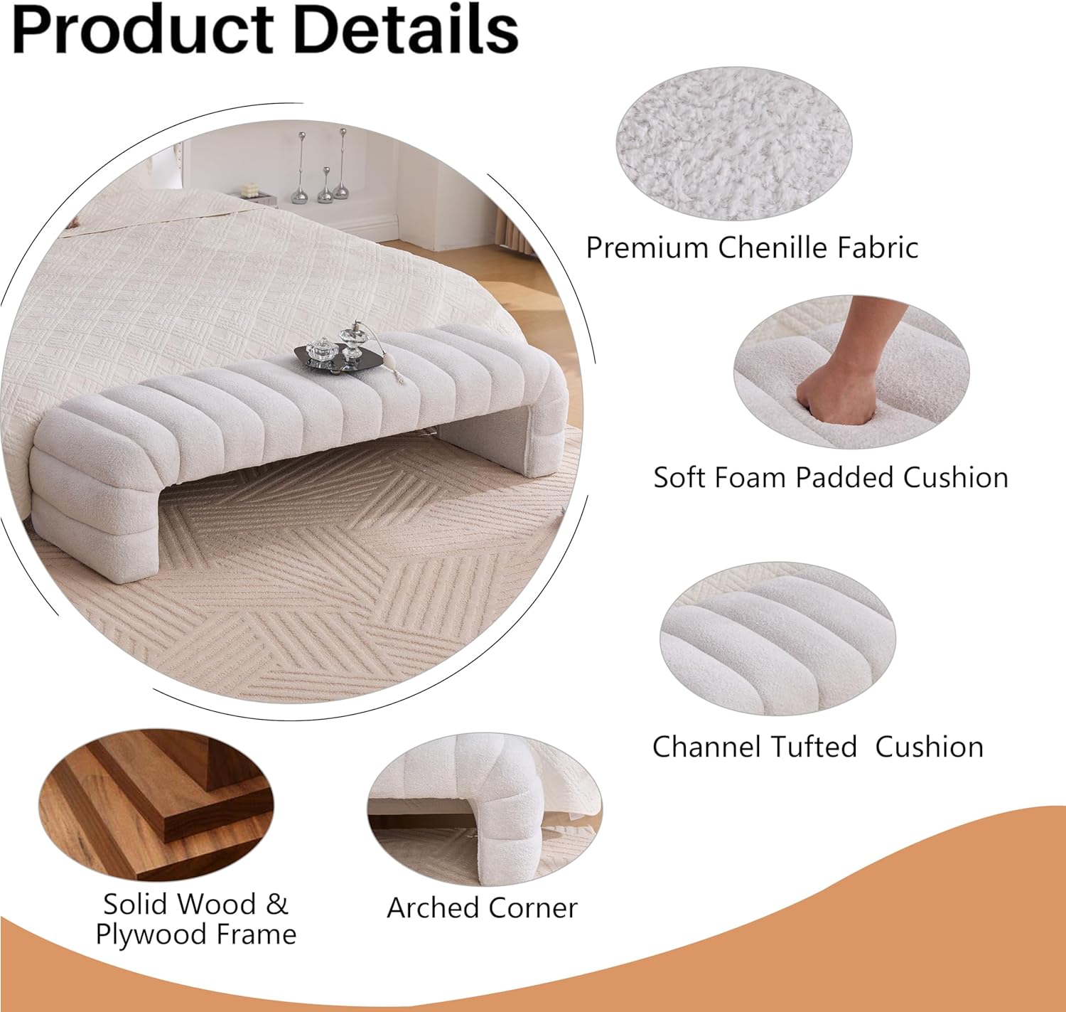 Arched Ottoman Bench for Bedroom Living Room,69.7" Chenille Long Benches for Bed End King Size,Modern Channel Tufted Seating Bench for Entryway,Window,Bedside (Ivory, 69.7")
