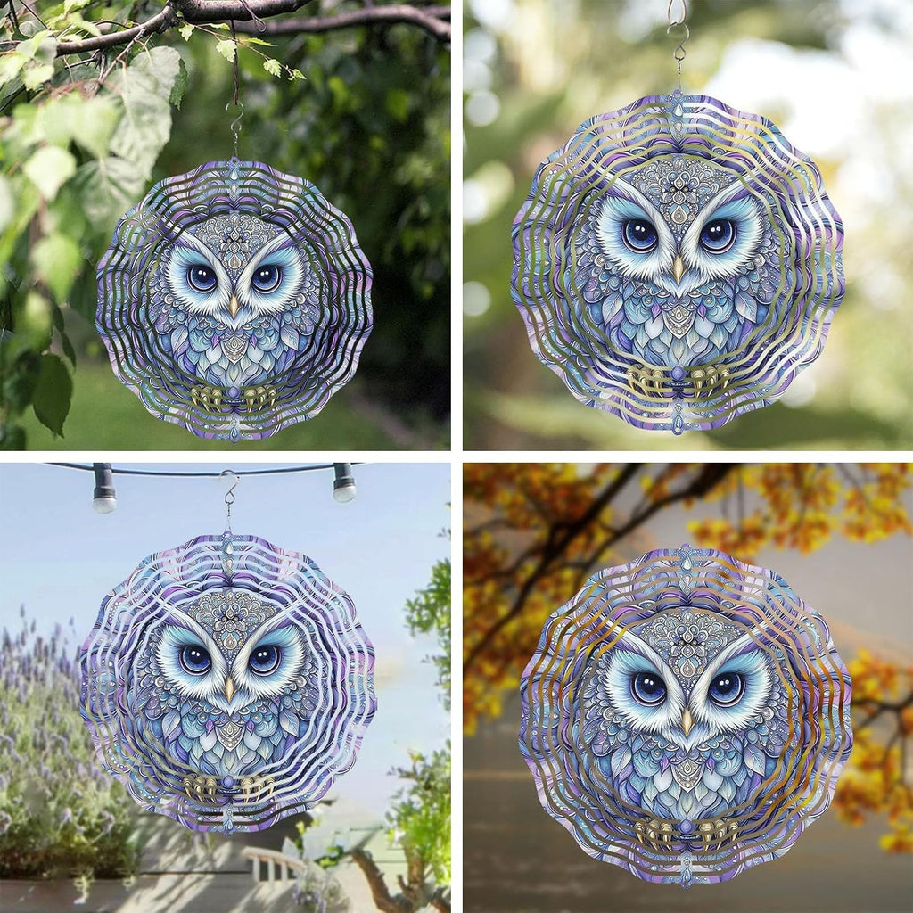 10 Inch Owl Wind Spinner, 3D Stainless Steel Hanging Kinetic Wind Sculpture Gifts for Garden Decor Yard Art Indoor Outdoor Window Porch Front Door Decoration