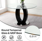 RGZ 5 PCS Luxury Clear Glass Round Dining Table Set, 39'' Modern Circle Glass Top Kitchen Table with Black Silver Legs & 4 Gray High-end Tufted Chairs for Apartment Home Dining(Silver Base)