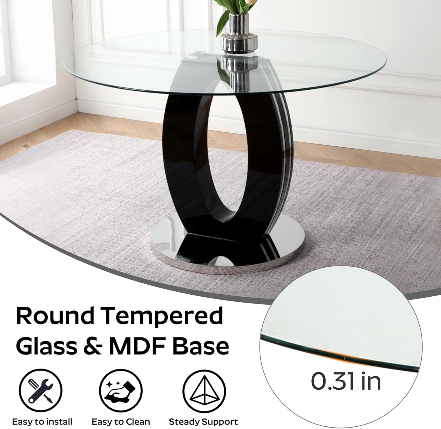 RGZ 5 PCS Luxury Clear Glass Round Dining Table Set, 39'' Modern Circle Glass Top Kitchen Table with Black Silver Legs & 4 Gray High-end Tufted Chairs for Apartment Home Dining(Silver Base)