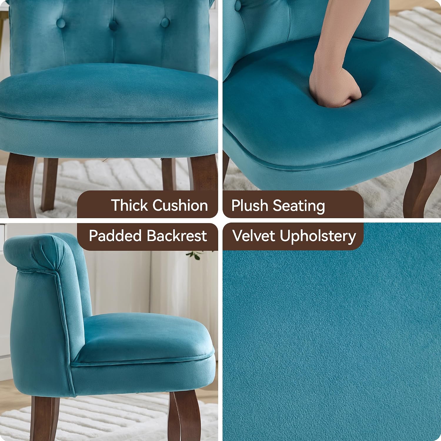 WUTUTUEE Velvet Vanity Chair with Back, Tufted Upholstered Vanity Stool with Solid Wood Legs, Mid Century Small Makeup Chair for Vanity, Accent Chair for Bedroom, Living Room, Teal
