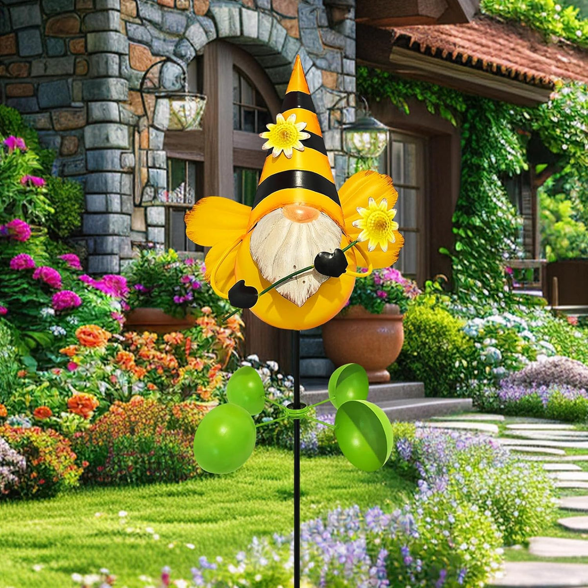 HONGLAND Gnome Metal Yard Art, Gnomes Garden Statue Outdoor Decor, 48 inch Gnome Decorations 360 Degrees Swivel Wind Spinner for Outdoor Patio Garden Backyard Décor - Bee