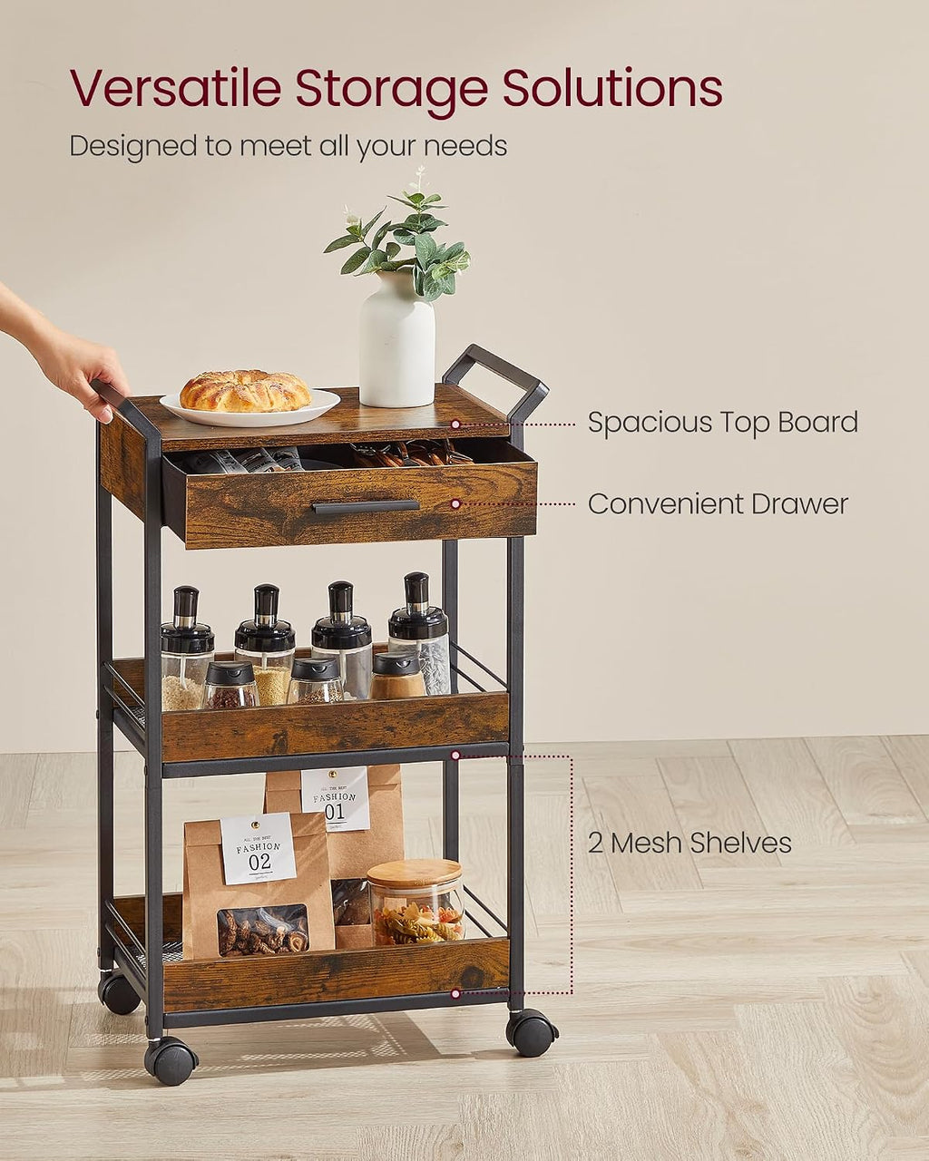 VASAGLE Storage Cart, 3-Tier Rolling Utility Cart with Table Top | Top Drawer, Mesh Shelves, Handles, 4 Lockable Casters, Rustic Brown and Matte Black, DACEY Collection ULRC048K01