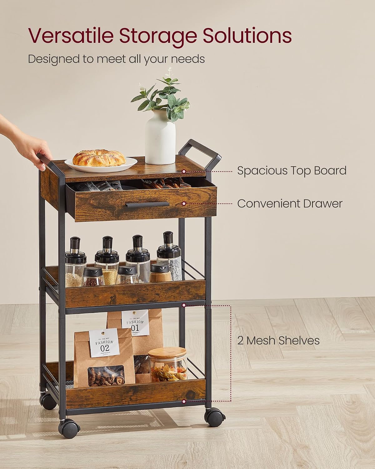 VASAGLE Storage Cart, 3-Tier Rolling Utility Cart with Table Top | Top Drawer, Mesh Shelves, Handles, 4 Lockable Casters, Rustic Brown and Matte Black, DACEY Collection ULRC048K01