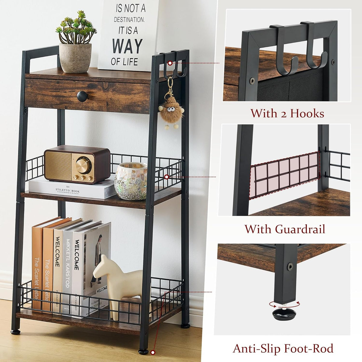 Gewudraw 3-Tier Ladder Shelf with Drawer, Bathroom Table Stand for Small Space, Bathroom Standing Shelves with Storage for Living Room Bedroom Kitchen, Organizer Shelf, Rustic Brown