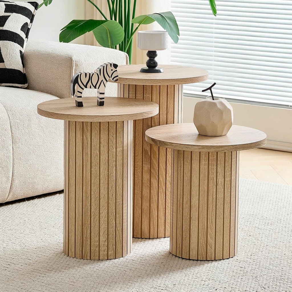 Round Nesting Coffee Table Set of 3 Mid Century Modern Wood Round Coffee Tables with Flexible Small Boho Circle End Table for Space Saving Living Room Comedor Home Office Bedroom(Natural)