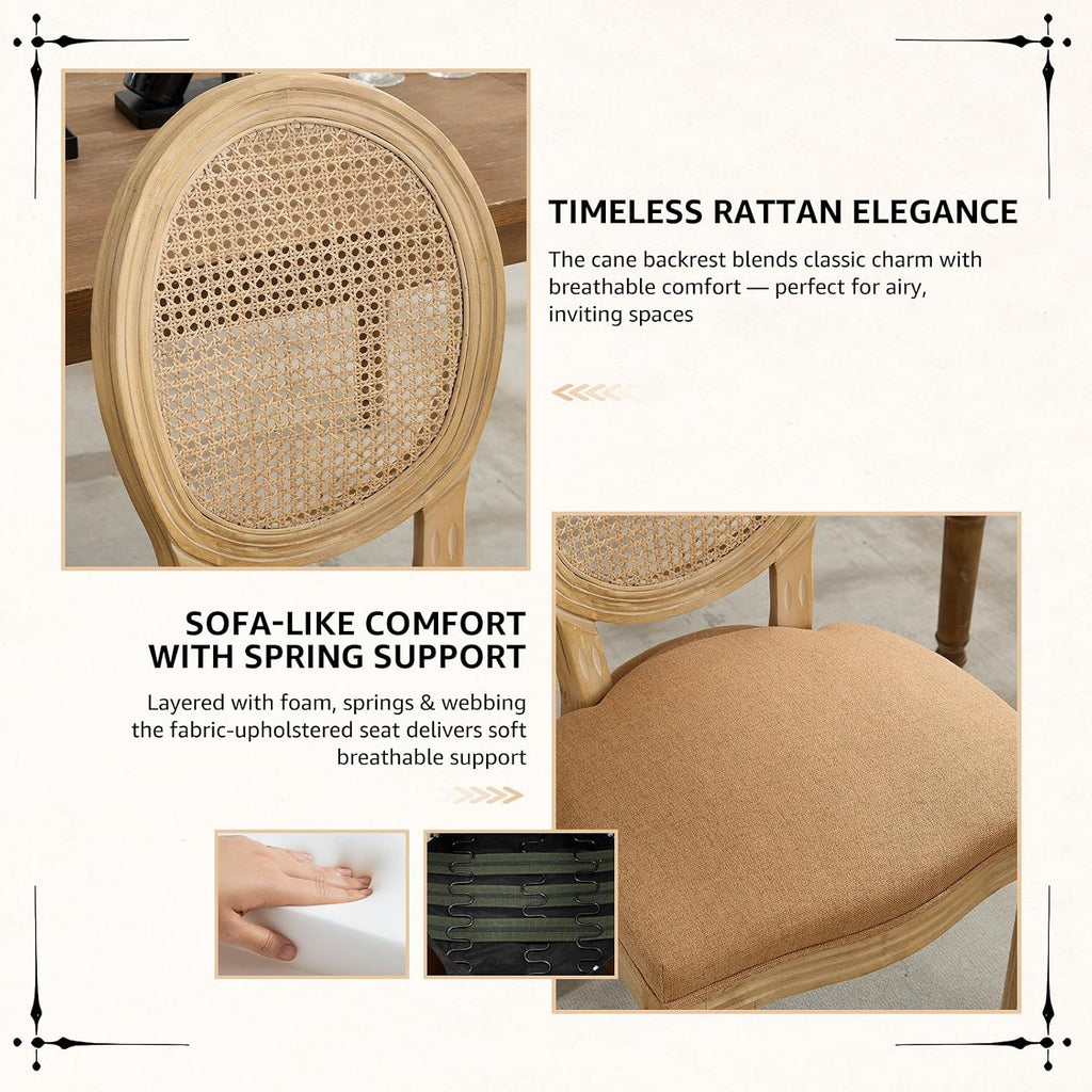Vintage French Rattan Dining Chairs Set of 4, Round Back Accent Chairs with Rattan Backrest and Upholstered Linen Seat, Solid Wood Frame Sillas de Comedor for Dining Room & Kitchen, Camel