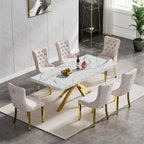70 inch Faux Marble Dining Table for 4-6, Modern Kitchen Table with White Faux Marble Tabletop, Gold Stainless Steel X Base, Rectangular Dining Room Table for Dinner, Party, Meeting, Celebration