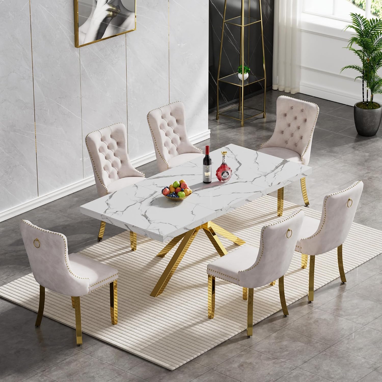 70 inch Faux Marble Dining Table for 4-6, Modern Kitchen Table with White Faux Marble Tabletop, Gold Stainless Steel X Base, Rectangular Dining Room Table for Dinner, Party, Meeting, Celebration