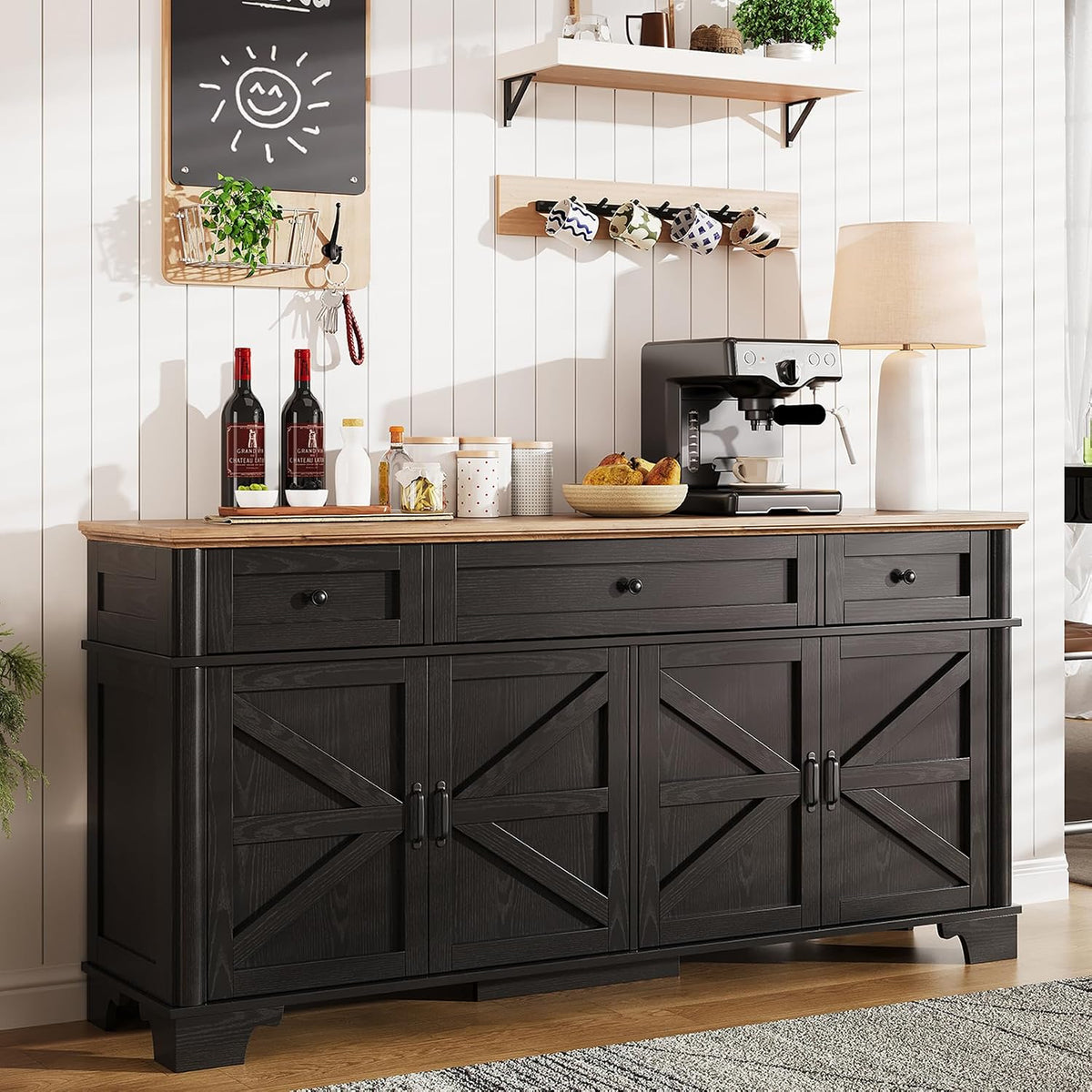BestHaped 65 Inch Farmhouse Buffet Cabinet with Storage, Black Sideboard Buffet Cabinet with Adjustable Shelves & 3 Drawers, Buffet Table Coffee Bar Wine Bar Storage for Kitchen & Living Room