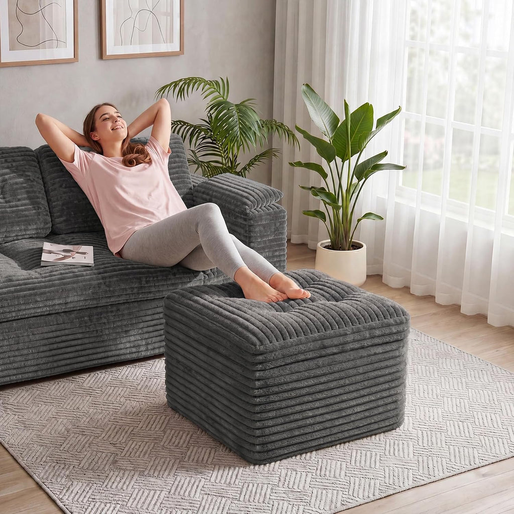 23.6in Pouf Ottoman, Corduroy Footstool Foot Rest Floor Seating | Dual-layer support with soft chunk-foam top & firm base. Ideal floor footrest & extra seating for living room, Dark Gray