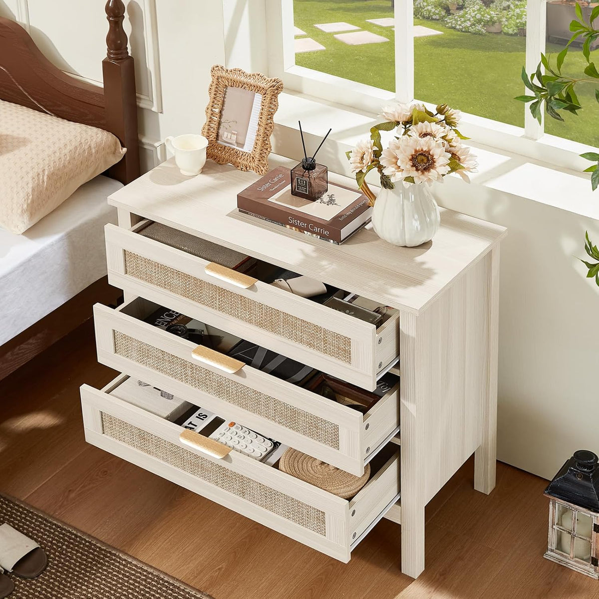 LEYAOYAO 31.5" Wide Rattan Nightstand, Large Boho 3 Drawer Night Stand | Grey White Bedside Table with Storage, Tall Bed Side End Tables for Bedroom, Living Room, Hallway
