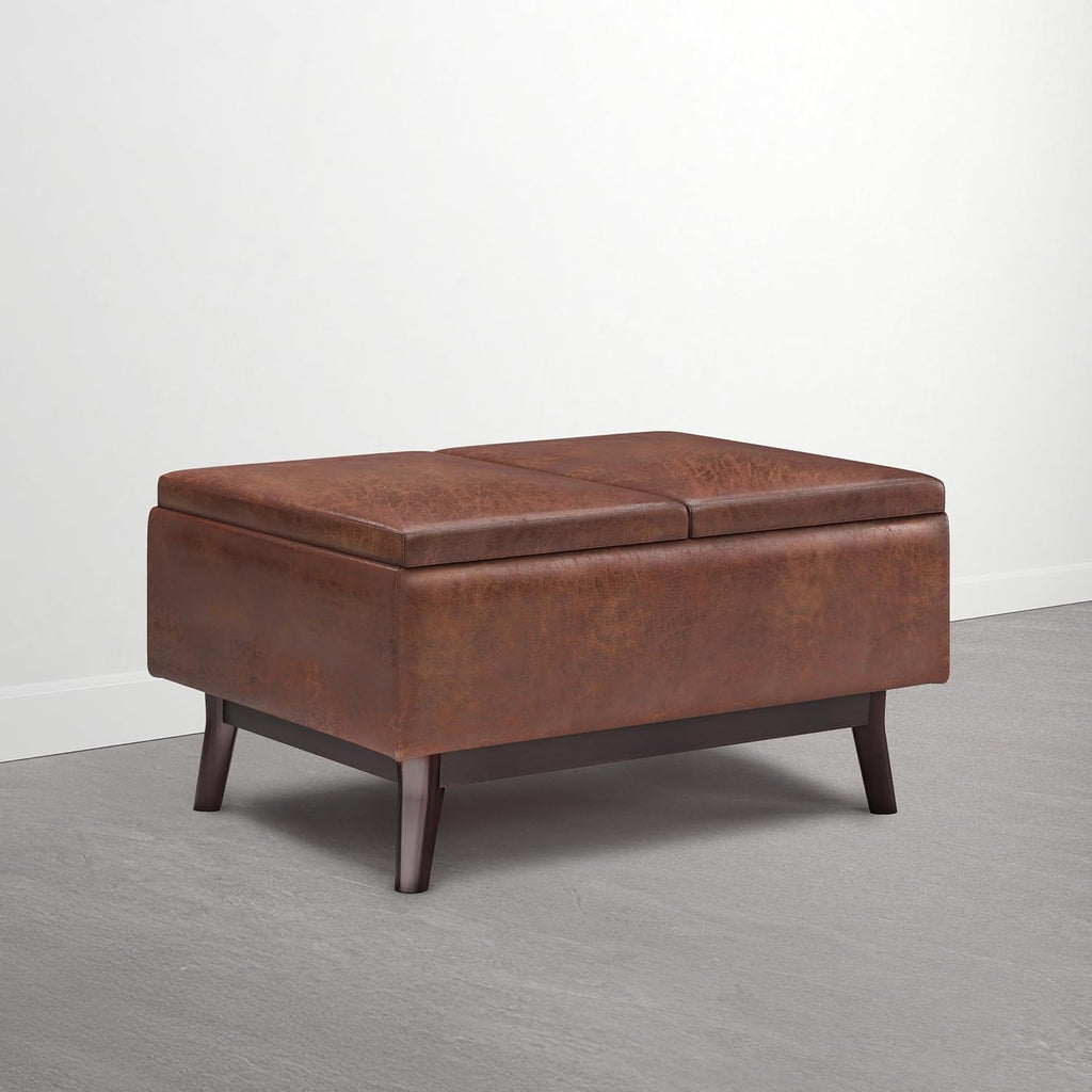 SIMPLIHOME Owen 34" Vegan Leather Storage Ottoman in Distressed Pecan Brown