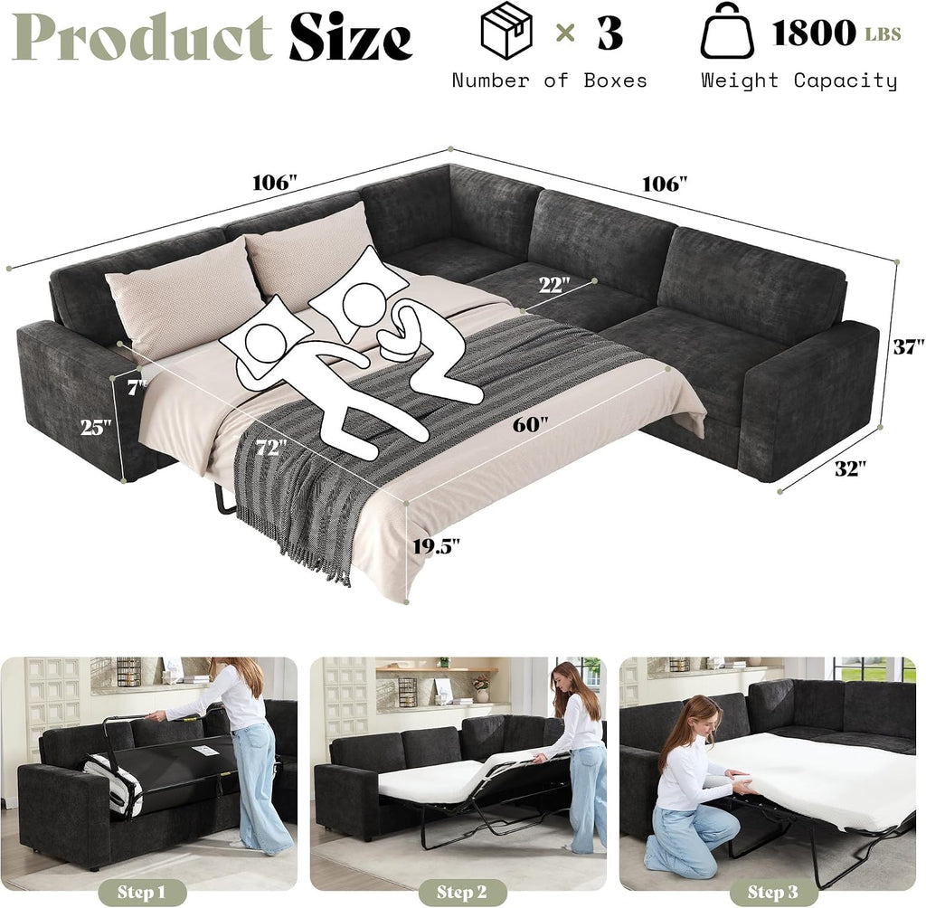 AMERLIFE 106" Sofa Bed, Couch with Pull Out Bed with Storage-Chenille Gray | Pull Out Couch Bed with Memory Foam Mattress, Resilient Cushion, Fluffy Backrest, Queen Size Sofa Bed for Living Room