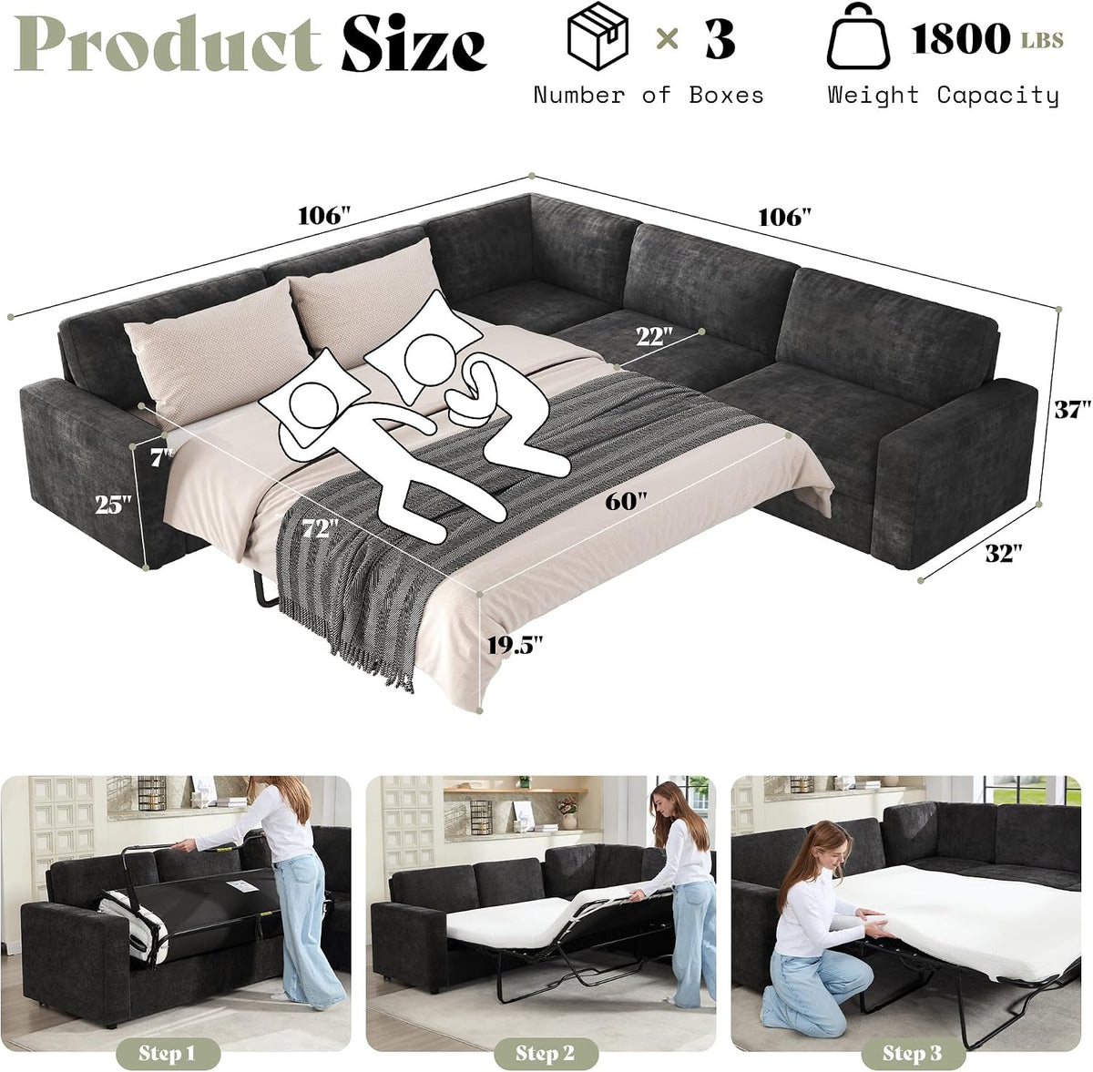 AMERLIFE 106" Sofa Bed, Couch with Pull Out Bed with Storage-Chenille Gray | Pull Out Couch Bed with Memory Foam Mattress, Resilient Cushion, Fluffy Backrest, Queen Size Sofa Bed for Living Room