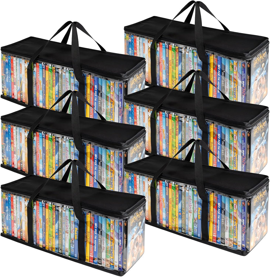 DVD Storage Bags 6 Pack DVD Storage Holder Case Clear PVC Media Holder with Handles for DVDs, CDs, Video Games, Books, Black