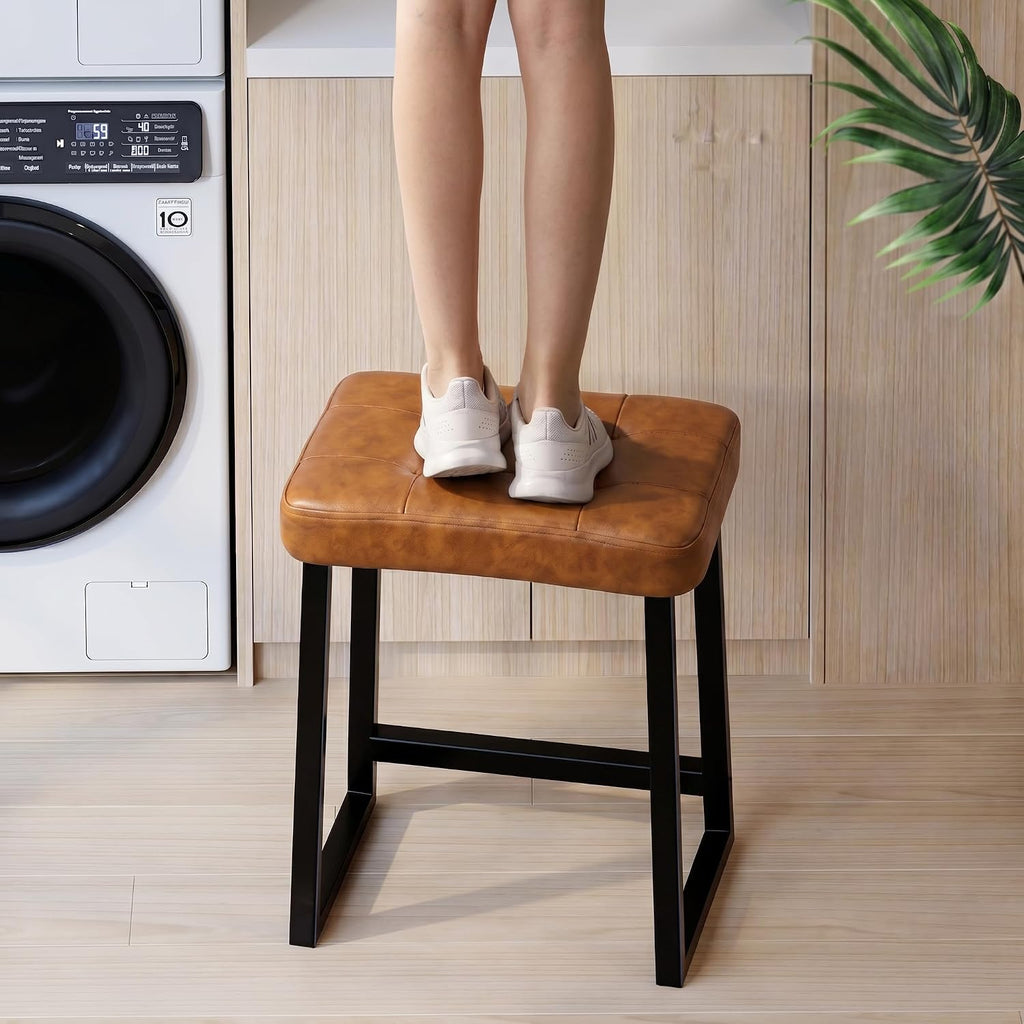 Vanity Bar Stool Chair, Makeup Stool Counter Height Stools,Small Ottoman Footrest for Living Room, Bathroom, Bedroom, Offices，Leather &Metal Legs with Anti-Slip Feet,Rustic Brown