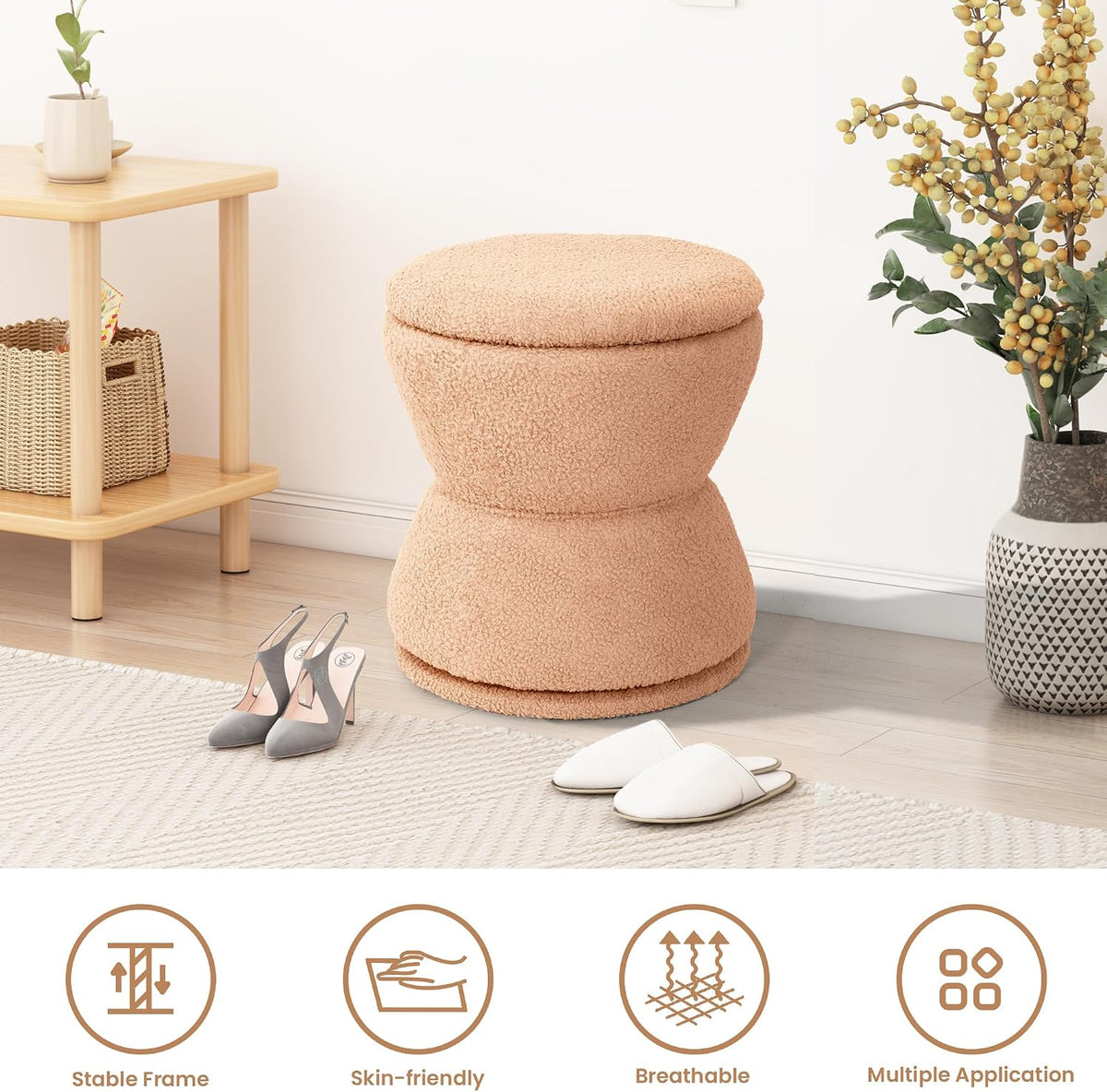 EazeHome Round Ottoman with Storage, Swivel Boucle Ottoman Vanity Stool, Upholstered Footstool with Storage Removable Lid, Modern Round Footrest Coffee Table for Living Room, Dorm, Makeup Room, Coral