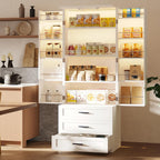 FJTJBSI 72" LED Kitchen Pantry Cabinet with 3 Drawers Farmhouse Tall Storage Cabinet Wood Food Pantry with Barn Doors and Adjustable Shelves Versatile Storage Freestanding Cupboard for Kitchen