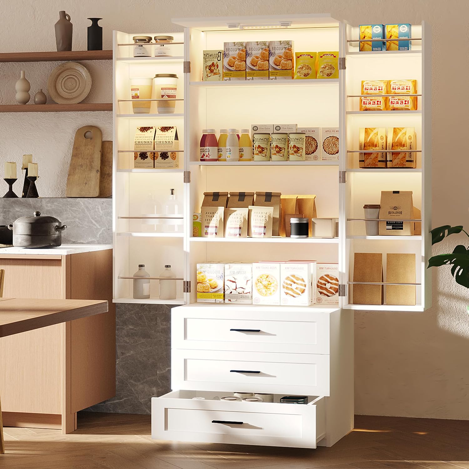 FJTJBSI 72" LED Kitchen Pantry Cabinet with 3 Drawers Farmhouse Tall Storage Cabinet Wood Food Pantry with Barn Doors and Adjustable Shelves Versatile Storage Freestanding Cupboard for Kitchen
