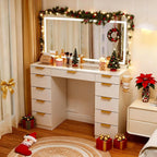 Pamapic Glass Top Vanity Desk with Mirror and Lights, 11 Drawers Makeup Vanity with Charging Station, Golden Handles Dressing Table, 3 Lighting Modes Makeup Table, White