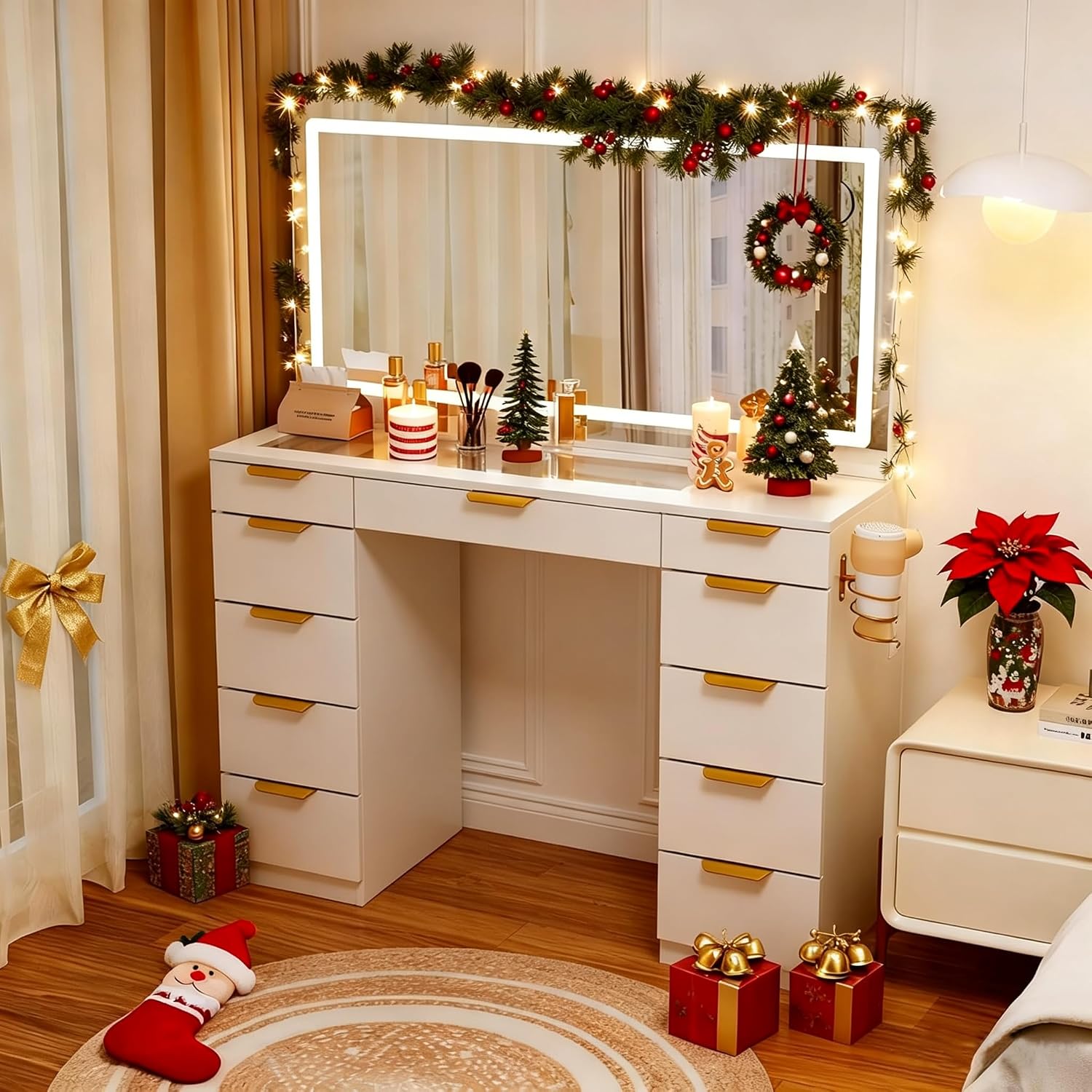 Pamapic Glass Top Vanity Desk with Mirror and Lights, 11 Drawers Makeup Vanity with Charging Station, Golden Handles Dressing Table, 3 Lighting Modes Makeup Table, White