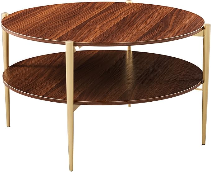 Shrine Round Glass Coffee Table, Mid-Century Modern Design, D30 x H17 in, Two-Tier Round Table with Walnut MDF Shelves, Sleek Conical Metal Legs with Gold Finish