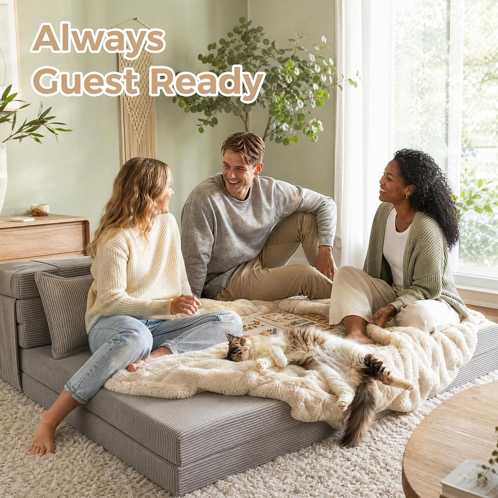 Tri-Fold Futon Mattress, Foldable Japanese Floor Sleep Mattress, High-Density Foam Tatami Bed Mat with Corduroy Cover, Floor Bed Mat for Couples, Guest Use (Charcoal Gray,Queen)