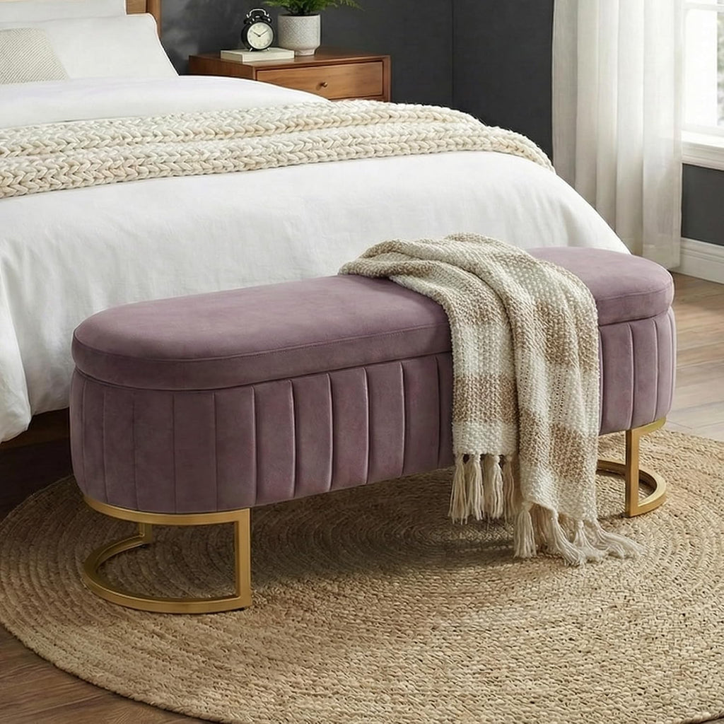 51" Velvet Storage Ottoman Bench End of Bed for Bedroom Entryway Purple | Velvet Large Storage Solid Wood with Metal Leg 300 lbs Weight