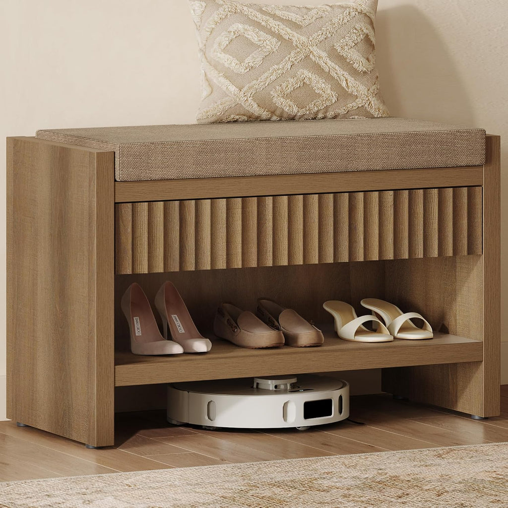 SICOTAS Fluted Shoe Bench with Cushion & Drawer for Entryway, Caramel Oak | Modern Fluted Design, 300 lb Capacity, 19.69"H Ergonomic Seat, Spacious Drawer, Open Shoe Storage, Multi-Room Use