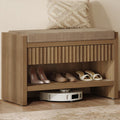 SICOTAS Fluted Shoe Bench with Cushion & Drawer for Entryway, Caramel Oak | Modern Fluted Design, 300 lb Capacity, 19.69"H Ergonomic Seat, Spacious Drawer, Open Shoe Storage, Multi-Room Use