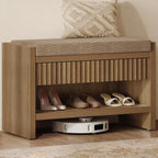 SICOTAS Fluted Shoe Bench with Cushion & Drawer for Entryway, Caramel Oak | Modern Fluted Design, 300 lb Capacity, 19.69"H Ergonomic Seat, Spacious Drawer, Open Shoe Storage, Multi-Room Use