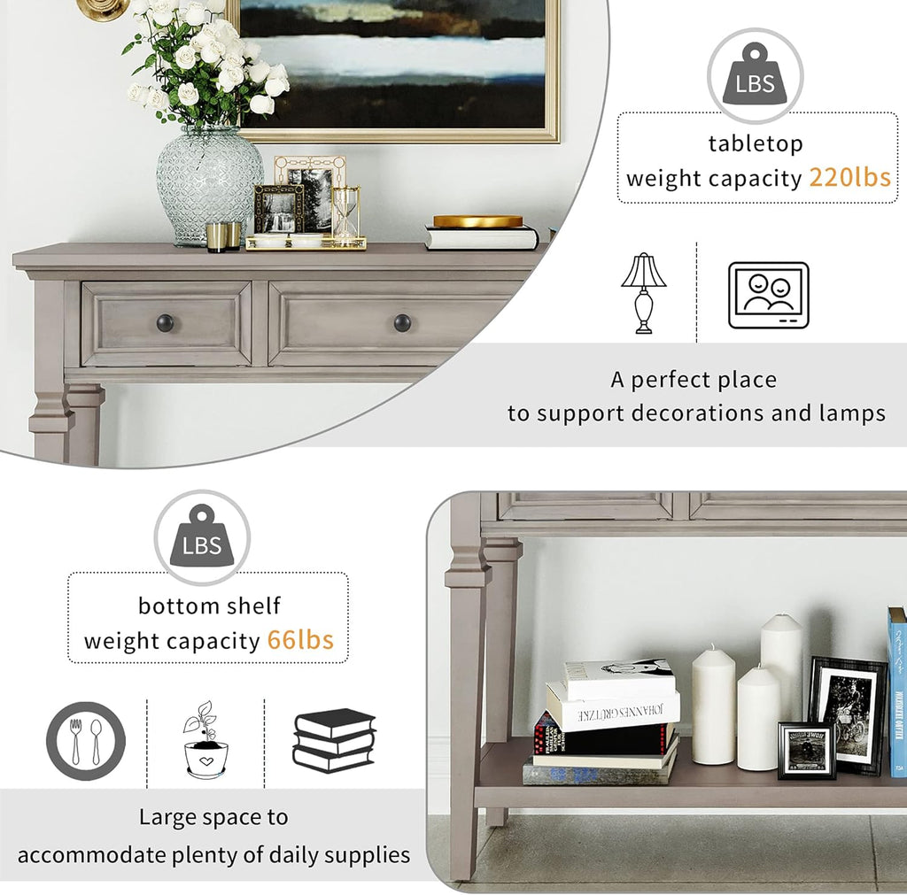 Knocbel 50" Retro Style Console Table Solid Wood Frame Sofa Table with Bottom Open Shelves and 3 Top Storage Drawers Entryway Table for Living Room, Coffee Bar, Hallway, Front Hall