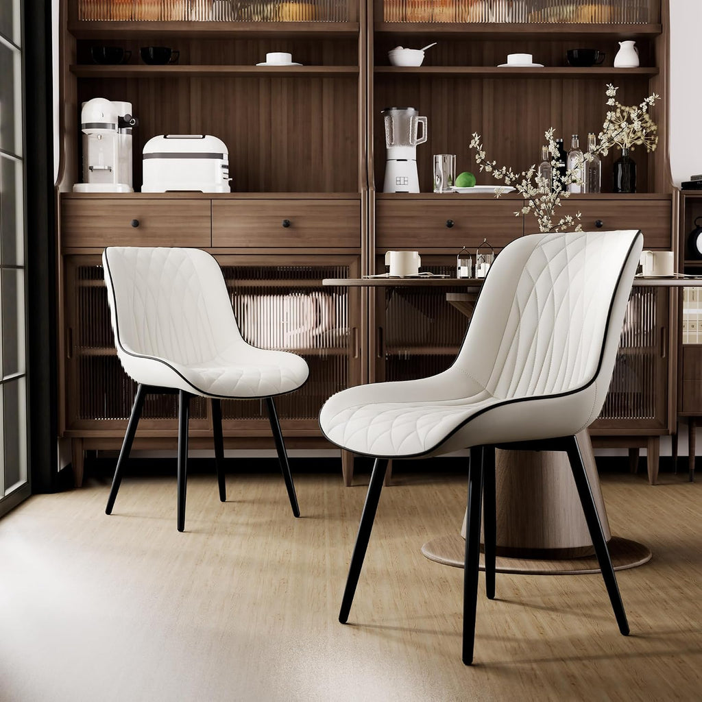 Rowill Dining Chairs Set of 2 Modern Faux Leather Kitchen Chairs with Thickened Metal Frame, Scratch-Resistant Upholstery,Widened Seat & Adjustable Anti-Slip Pads, Cushioned Backrest for Kitchen,White