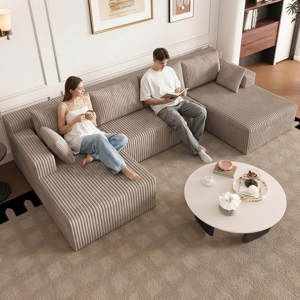 124" U-Shape Cloud Couch, Modern Modular Sectional U-Shape Sofa, Corduroy Couch Upholstered Couches Deep Seat Sleeper Chaise Longue for Living Room, No Assembly Required,Camel
