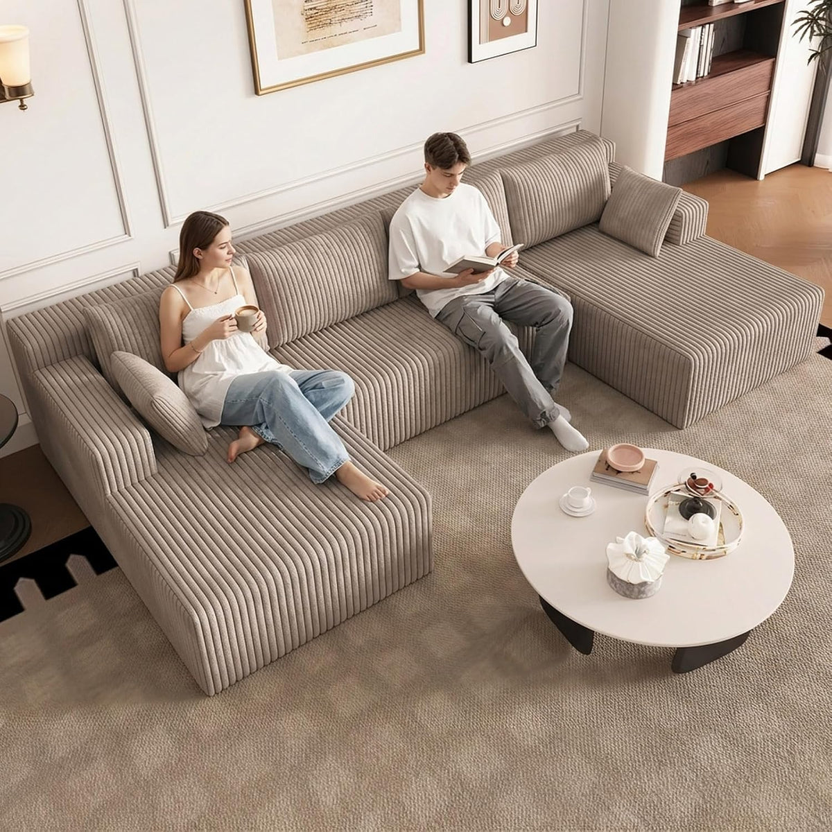 124" U-Shape Cloud Couch, Modern Modular Sectional U-Shape Sofa, Corduroy Couch Upholstered Couches Deep Seat Sleeper Chaise Longue for Living Room, No Assembly Required,Camel